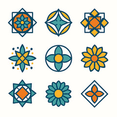Poster - Collection of geometrically floral vector icons in teal, orange, and yellow hues