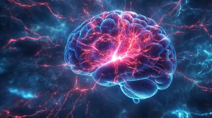  - Human brain with electric waves illustrating neuroscience and brain neurology concept, depicting neural activity, cognitive science, and high-tech medical research visualization