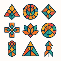 Poster - Colorful Stained Glass Vector Icons Featuring Geometric Shapes and Floral Motif