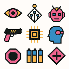 Poster - Cyberpunk themed vector graphics with geometric shapes and futuristic elements