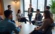 © wang - Generative AI : Abstract blurred defocused of asian young team sitting group circle meeting in top wide angle view in modern office Asian speaker explain teach coach sharing idea to audience in educat