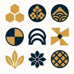 Poster - Elegant Japanese Mon Crest Set with Geometric and Floral Motifs in Navy and Gold Hues