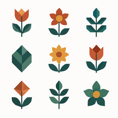 Poster - Geometric floral set with tulips, sunflowers, and leaves in a modern design