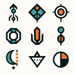 Fototapete - Geometric Icon Set with Retro Style Teal and Orange Color Palette Collection