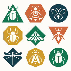 Poster - Geometric insect icons featuring beetle, bee, ant, moth, and dragonfly designs