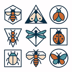 Poster - Geometric insect icons featuring bees, moths, ladybugs, ants, and dragonflies design
