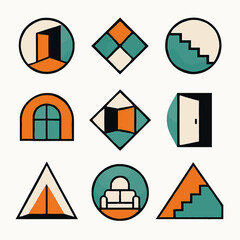 Poster - Geometric interior design elements featuring furniture stairs doors and windows