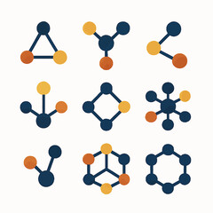 Poster - Geometric molecule structures with interconnected nodes and lines in navy, orange and yellow