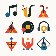 Poster - Geometric music icons showcasing diverse instruments and audio elements in vibrant colors