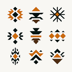 Poster - Geometric pattern with tribal motifs in black, brown and orange tones on a white backdrop