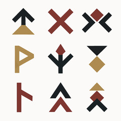 Poster - Geometric patterns with abstract designs in black, brown, and red tones on white