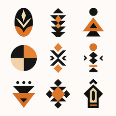 Poster - Geometric seamless pattern featuring tribal motifs in black and orange hues for textile design