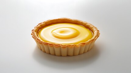 One golden egg tart with smooth yellow custard isolated on white background for bakery display or branding use.

