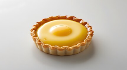 One golden egg tart with smooth yellow custard isolated on white background for bakery display or branding use.

