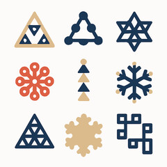 Poster - Geometric shapes and snowflake patterns create a modern festive design illustration