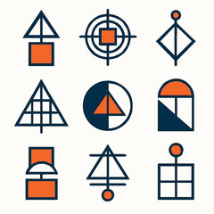 Fototapete - Geometric shapes and symbols in orange and navy create a modern abstract graphic design