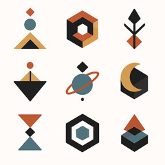 Poster - Geometric shapes and symbols in retro colors create an abstract pattern design