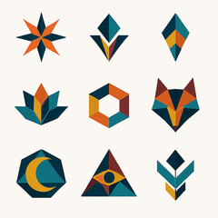 Poster - Geometric shapes collection featuring stars, diamonds, fox, moon and eye in bold colors