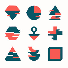 Poster - Geometric Shapes in Teal and Coral with Distorted Glitch Effect Arrangement