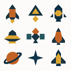 Poster - Geometric space exploration icons featuring rockets, planets, and stars in a pattern