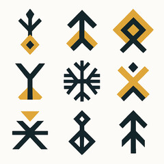 Poster - Geometric symbols and shapes in a minimalist design featuring arrows and snowflake motifs