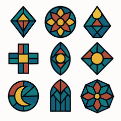 Poster - Geometric stained glass window design with various shapes and vibrant color palette