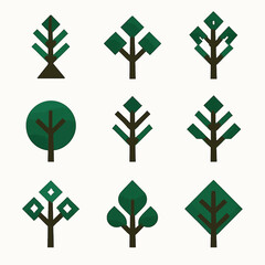 Poster - Geometric trees set with flat design elements on a white background showcasing nature