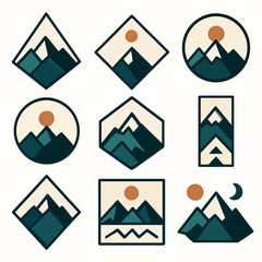 Poster - Minimalist mountain logo set with sun and moon in geometric shapes collection