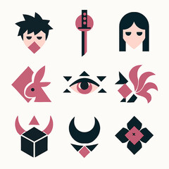 Poster - Stylized geometric icons representing diverse themes and concepts in a grid layout