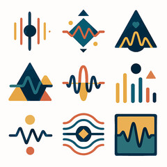 Poster - Abstract geometric patterns in teal blue and mustard yellow hues forming sound waves