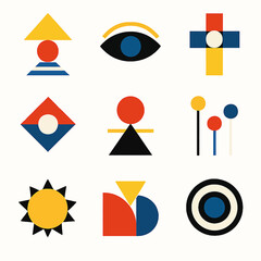 Poster - Abstract geometric shapes and symbols in bold primary colors create a modern art composition