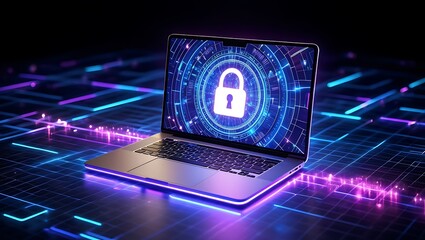 Cybersecurity lock glowing on a laptop screen