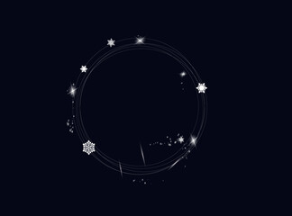 Wall Mural - Christmas Snowfall. The circle of snowflakes sparkling transparent beautiful snow isolated on black background Lettering