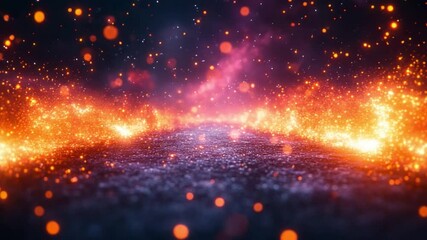 Poster - Celestial Pathway: A captivating celestial pathway unfolds, lined with shimmering, fiery particles that lead the eye towards a radiant galaxy, invoking wonder and exploration.