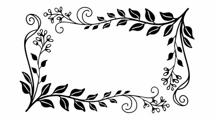 Poster - Black and white floral frame with leaves and swirls creating a rectangular border for text or images created with generated ai