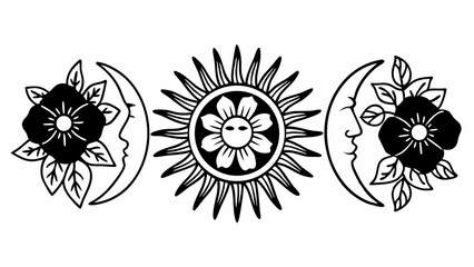 Poster - Black and white drawing of sun and moon phases with floral accents in a celestial arrangement created with generated ai
