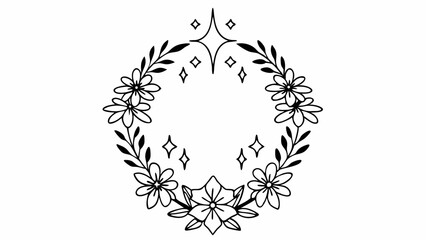 Poster - Floral wreath with daisy flowers and leaves surrounding sparkling stars in a circular arrangement created with generated ai