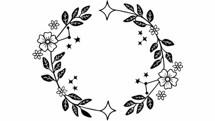 Poster - Floral wreath with stars and constellations in black and white line art drawing style design element created with generated ai