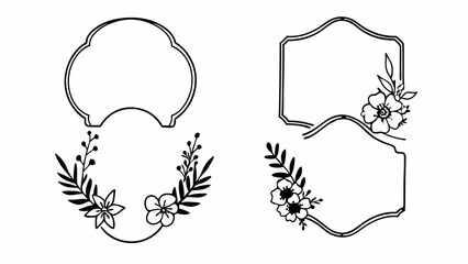 Aufkleber - Collection of floral frames and borders with botanical elements in black and white line art style created with generated ai