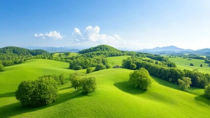 Poster - Green Hills under the Blue Sky: rolling green hills with trees under a bright blue sky, representing natural beauty and scenic landscape. A panorama of nature's finest