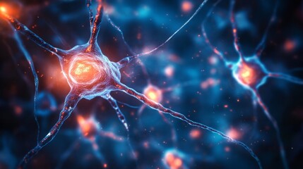 Poster - Microscopic view of glowing nerve cells on dark blue background featuring detailed neurons and synapses for scientific, medical, and biological visualization concepts in high-resolution abstract illus