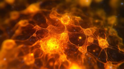 Poster - Microscopic view of glowing nerve cells on dark blue background featuring detailed neurons and synapses for scientific, medical, and biological visualization concepts in high-resolution abstract illus