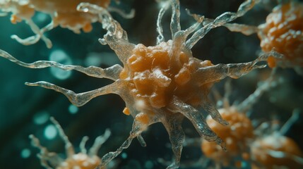 Poster - Microscopic view of glowing nerve cells on dark blue background featuring detailed neurons and synapses for scientific, medical, and biological visualization concepts in high-resolution abstract illus