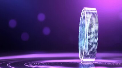Poster - Digital Coin Concept: A sleek, digital coin, reflecting futuristic technology, shimmers against a vibrant violet background, symbolizing the convergence of finance and innovation.