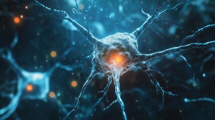 Poster - Microscopic view of glowing nerve cells on dark blue background featuring detailed neurons and synapses for scientific, medical, and biological visualization concepts in high-resolution abstract illus