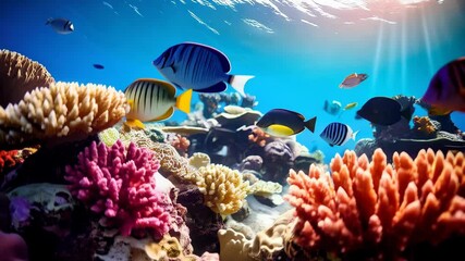 Poster - Colorful tropical reef fish swimming around coral formations in crystal clear turquoise ocean water with sunbeams.