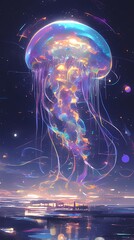 Wall Mural - neon rainbow space jellyfish illustration poster background