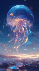 Wall Mural - neon rainbow space jellyfish illustration poster background