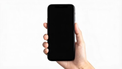 Poster - Person's hand holds a black cellular telephone device up vertically against a white background in a close up studio shot.