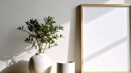 Poster - Blank framed canvas, leaves, pots, and wooden plate on table near plain white wall, illuminated by natural light. Mockup for artist.